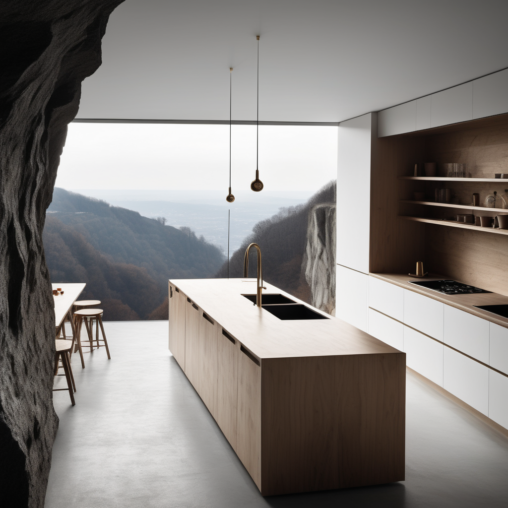 Make a minimalistic house hanging out on a high cliff, now show the beautiful kitchen with kitchen tap made out of messing and kitchen