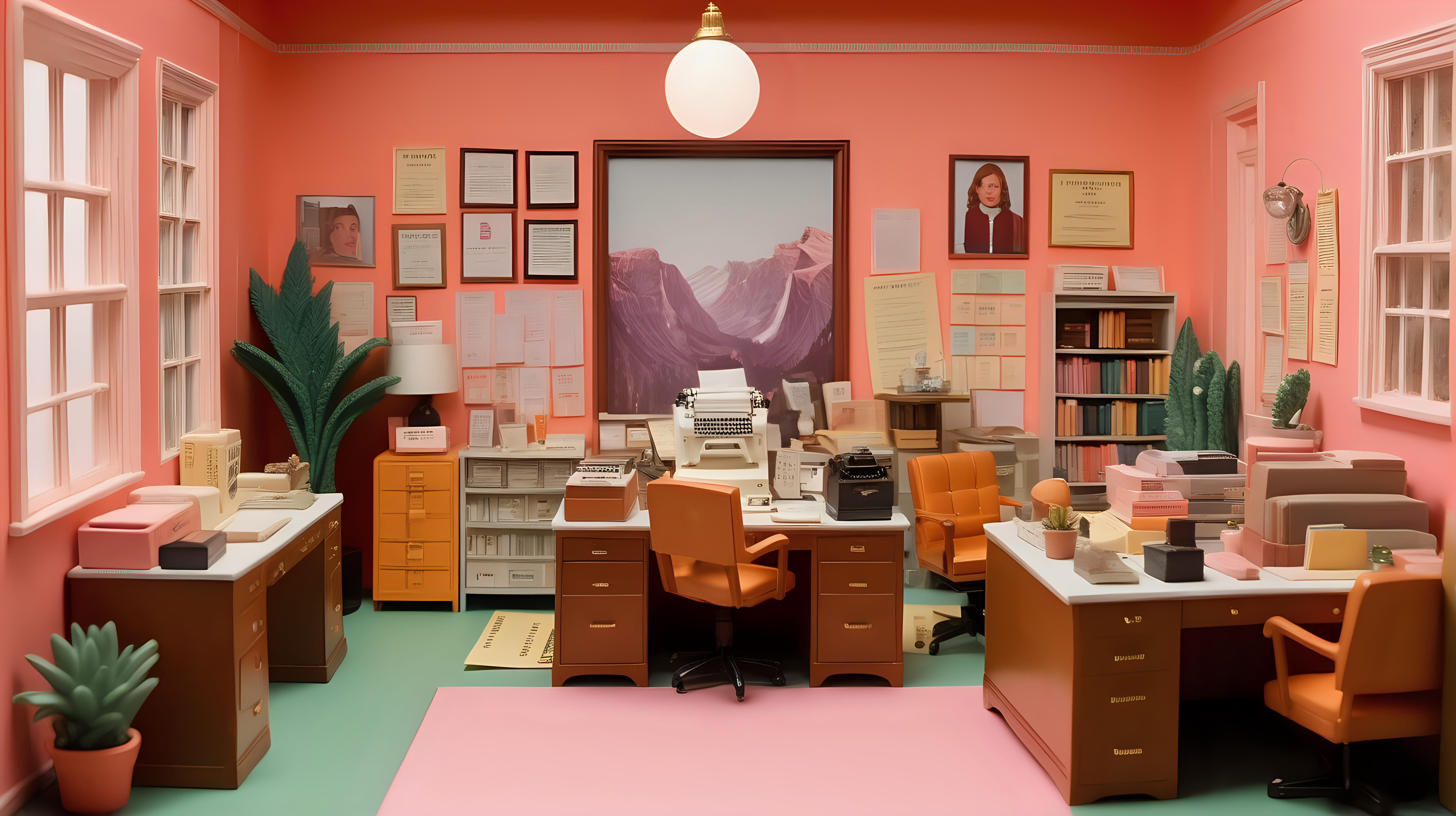 close up, high quality photograph of a diorama  of  feminist magazine offices in the style of a wes anderson movie
