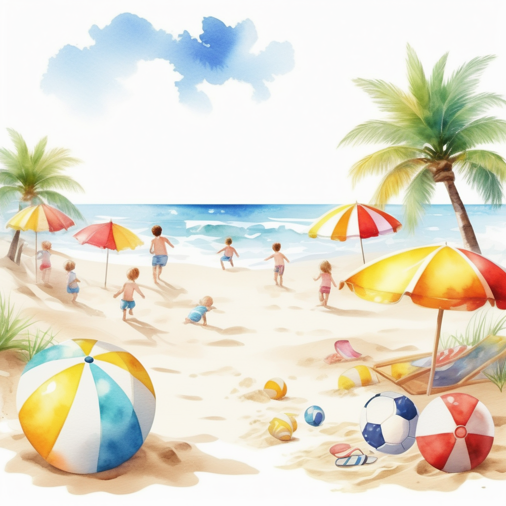 bílé pozadí_vytvoř realistickou ilustraci_která je určena pro děti _  Slunce a pláže: Slunečné dny a hry na písečných plážích_akvarelové barvy
