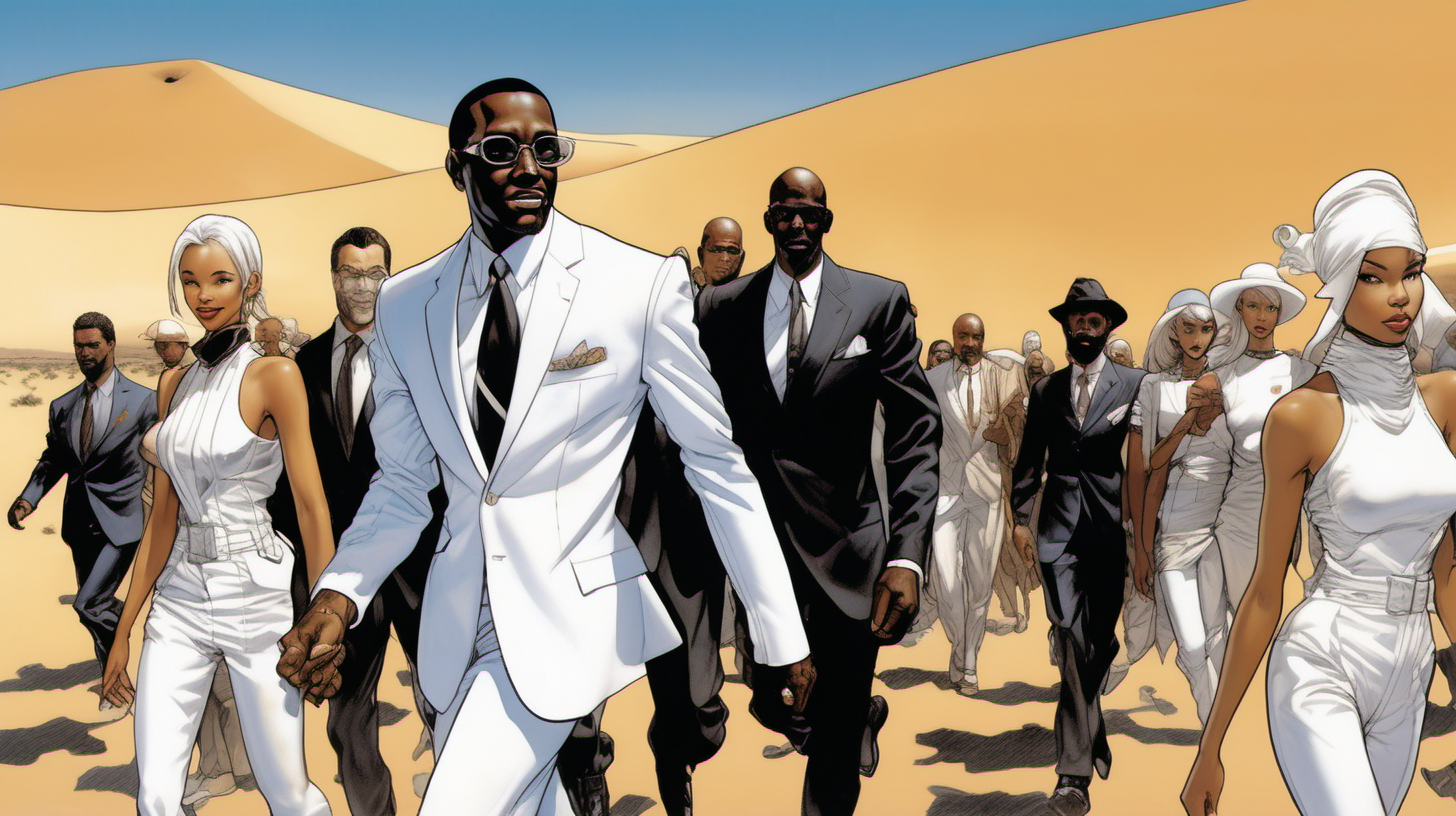 a black man with a smile leading a group of gorgeous and ethereal white,spanish, & black mixed men & women with earthy skin, walking in a desert with his colleagues, in full American suit, followed by a group of people in the art style of Hajime Sorayama comic book drawing, illustration, rule of thirds