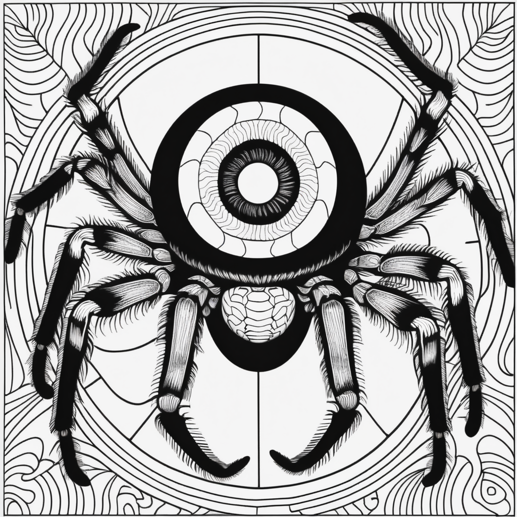 adult coloring book, black & white, clear lines, detailed, symmetrical brain eyeball tarantula