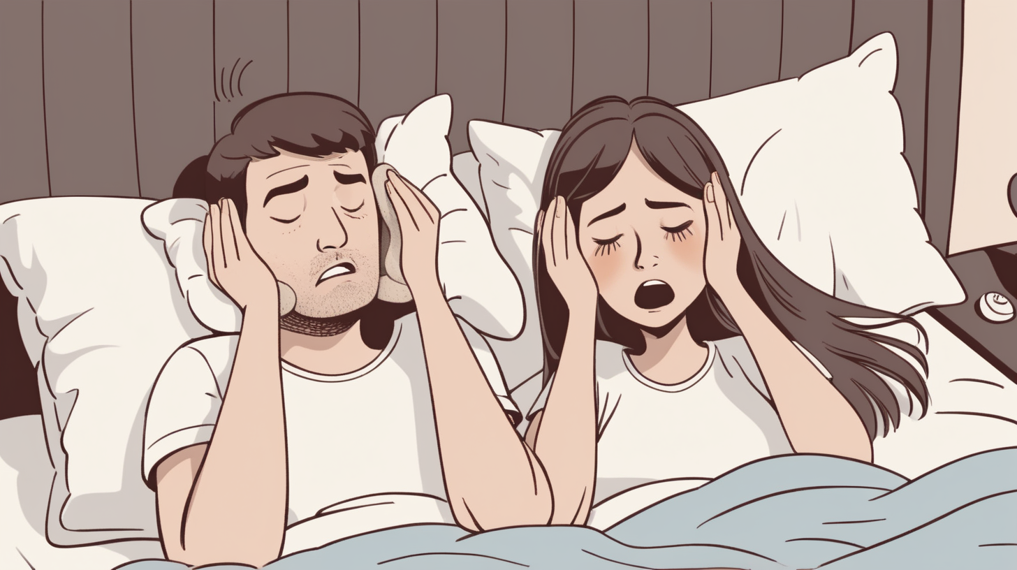 A simple illustration of couple on bed. woman covering ears with pillow. Man is snoring. Close up