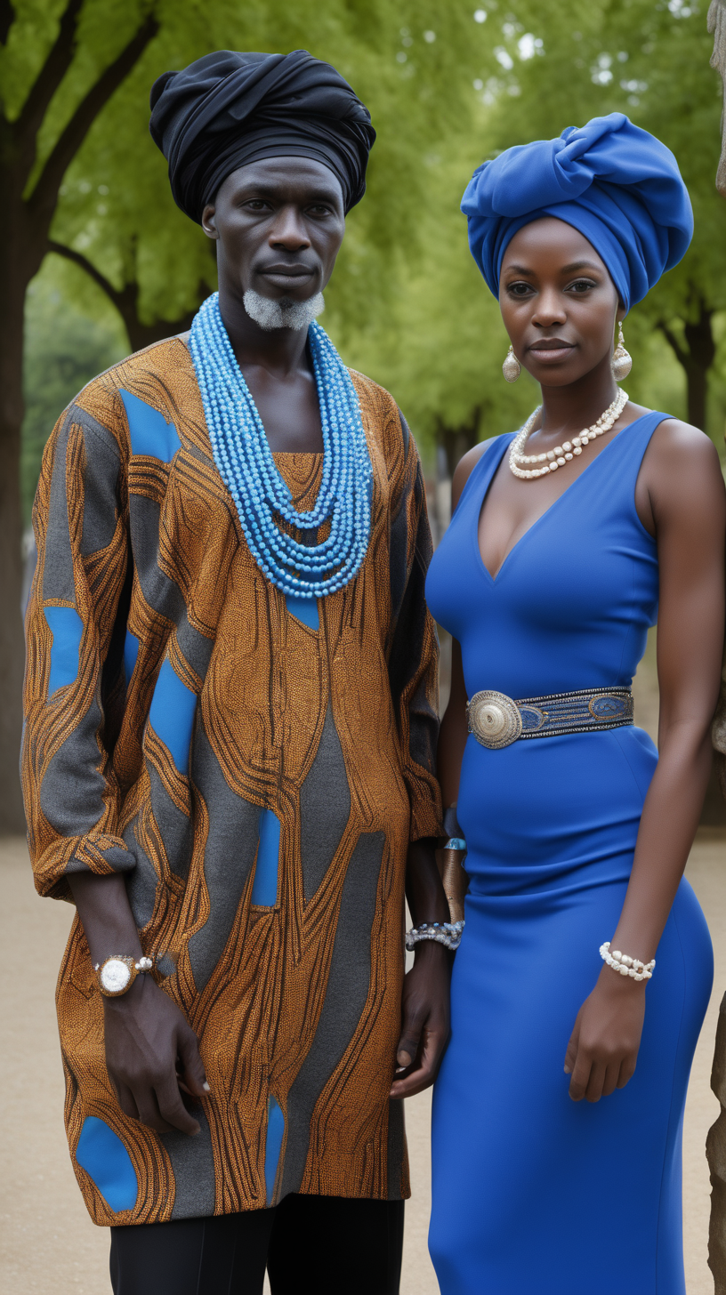 A handsome, intelligent black, female, wearing an African headwrap, short hair, wearing a blouse, wearing a belted, elegant, string of pearls, Wearing a blue, two piece, women's wool suit, in a park, brightly lit, modern day, sunny, in Ultra 4K, High Definition, full resolution, hyper realism