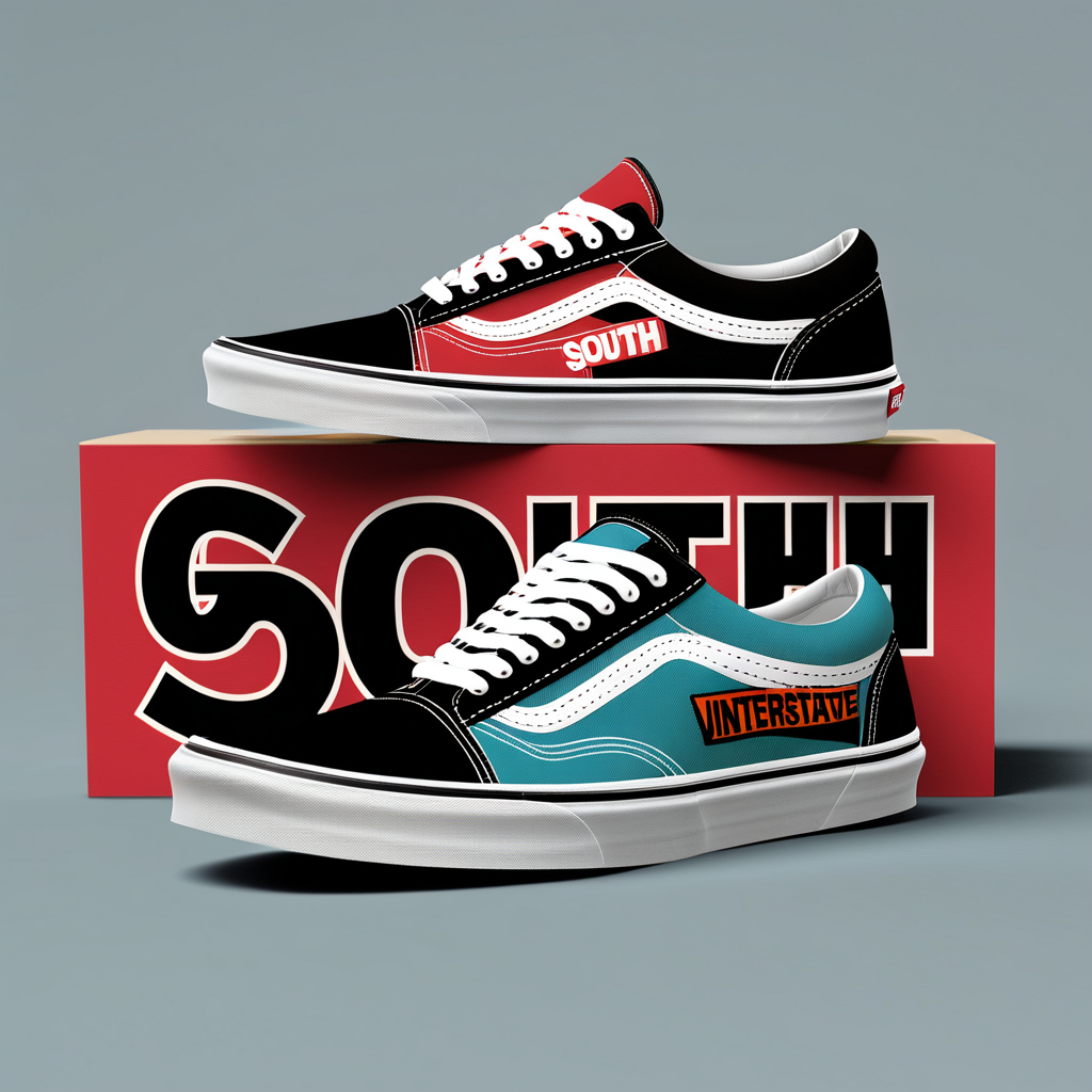 vans sneakers with the word South interstate95 design on them on a mock up