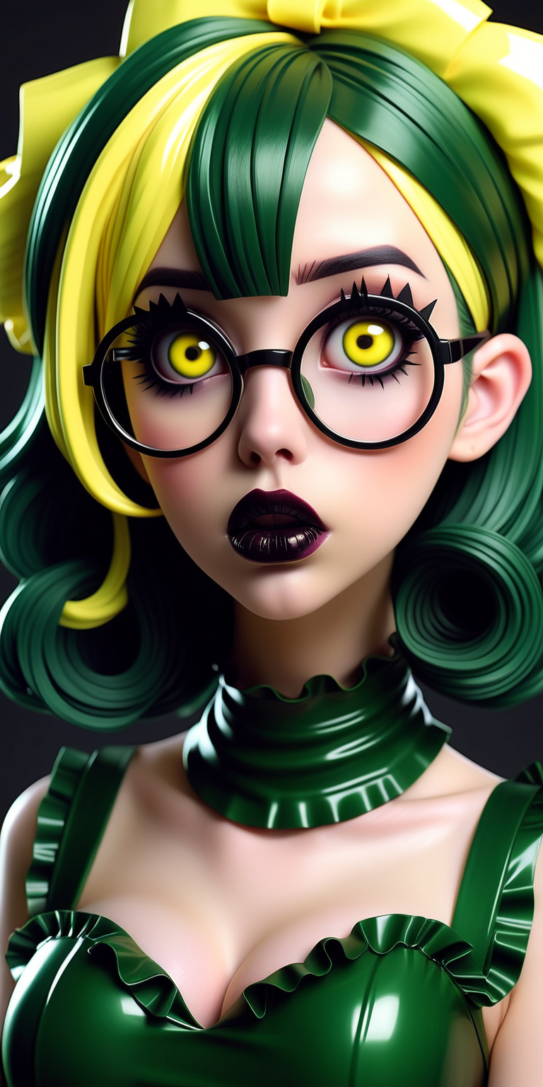 Anime woman with dark green hair, very large lips, dark lipstick, heavy makeup, wearing glasses and wearing a frilly and shiny yellow latex dress, very pretty, very feminine, vacant expression