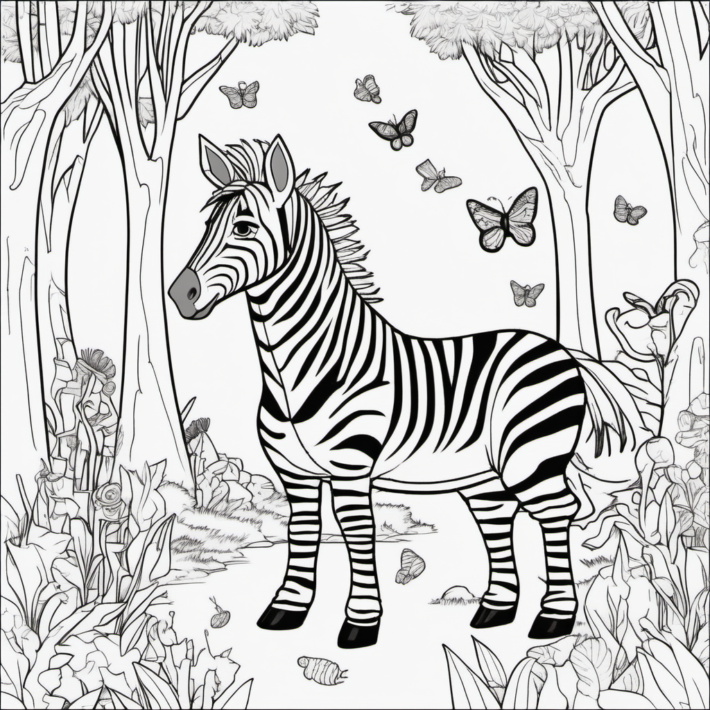   /imagine colouring page for kids, Zebra Magic Forest fairies and woodland creatures, cartoon style, thick lines, low details, no shading --ar 9:11