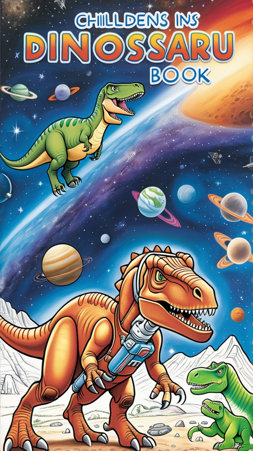 Cover of a children's coloring book about a dinosaur in spaceCover of a children's coloring book about a dinosaur in space full color 