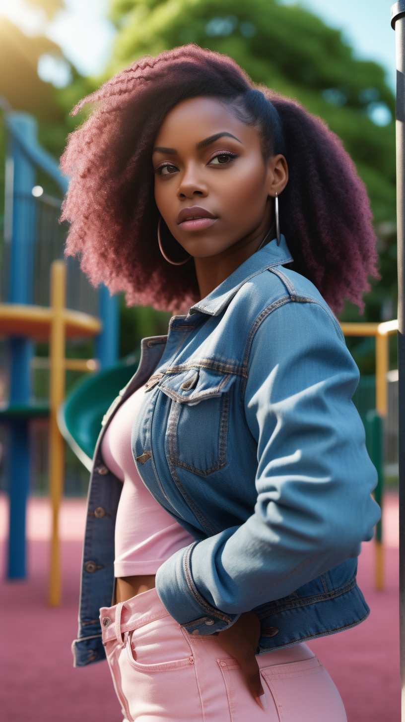 A beautiful, exotic, Black woman standing against , a lush playground background, Facing the camera straight ahead, with a fierce look in her eyes, wearing an light Pink, long sleeve, tee shirt, wearing a blue denim jacket, lighting is over the left shoulder, from behind, pointing down ultra 4k render, high definition, deep shadows