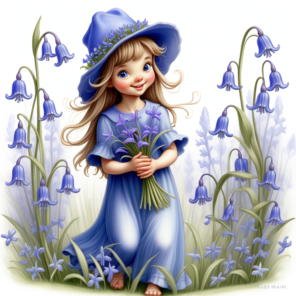 /envision prompt: "Bluebell Meadow Sprite" - Envision a sprite nestled among bluebells, wearing a bluebell hat and carrying a tiny bouquet, radiating joy in the style of Cicely Mary Barker, all on a plain white backdrop.