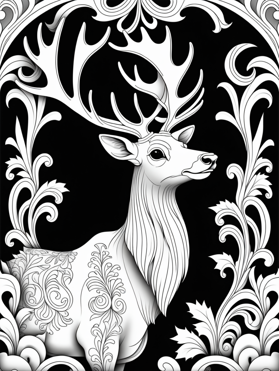 no shading, elk, damask Motif Pattern outlined, outline drawing, unfilled patterns, black and white, coloring book page,  clean line art, line art, no shading, clear edges, coloring book, black and white, no color, line work for coloring