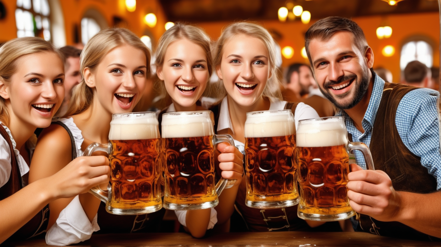 people celebrating Octoberfest in German beer hall drinking
