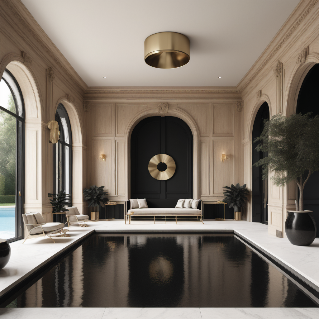 A hyperrealistic image of a grand, elegant modern Parisian pool house interior in a beige oak brass and black colour palette