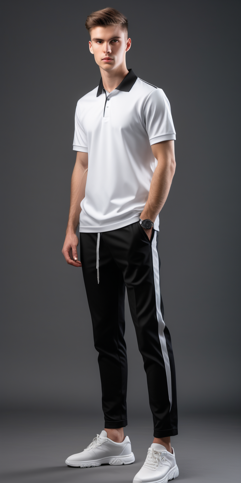 man wearing white short sleeve polo shirt and black sports pants, uniform design,full body, art,  35mm photography, modern fashion, gray backround