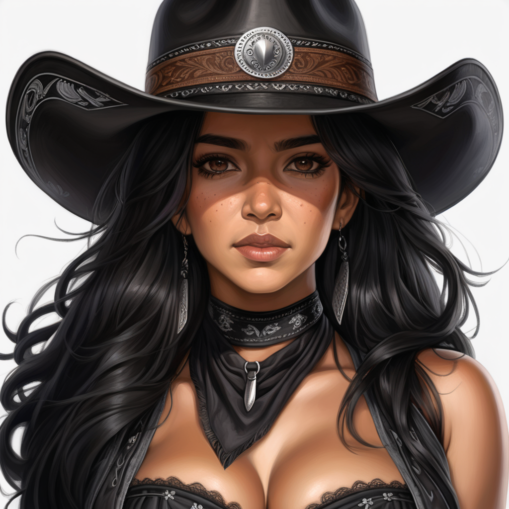 black cowboy hat, black hair, long hair, brown eyes, Latina, female, western, black corset, mature, black bandana around neck, semi realism, mature woman