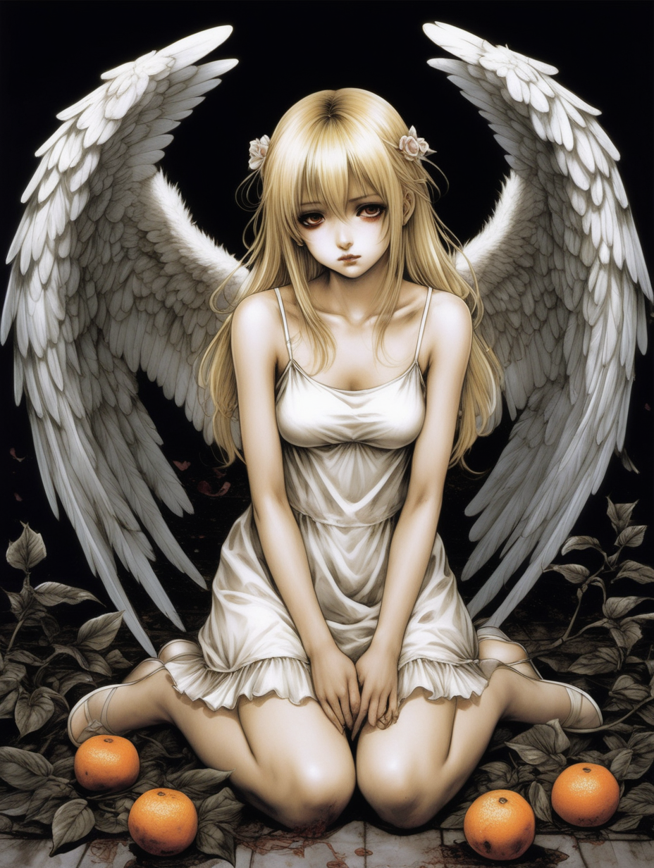 Chica angel con alas, sentada en el suelo sosteniendo una mandarina con las dos manos. Tiene un vestido blanco corto con tirantes simple, el pelo largo rubio y los ojos negros. A su lado crecen rosas marchitas. La ilustracion es del estilo de Takeshi Obata. La ilustracion es muy tenebrosa y perturbadora. Hay tonos tetricos