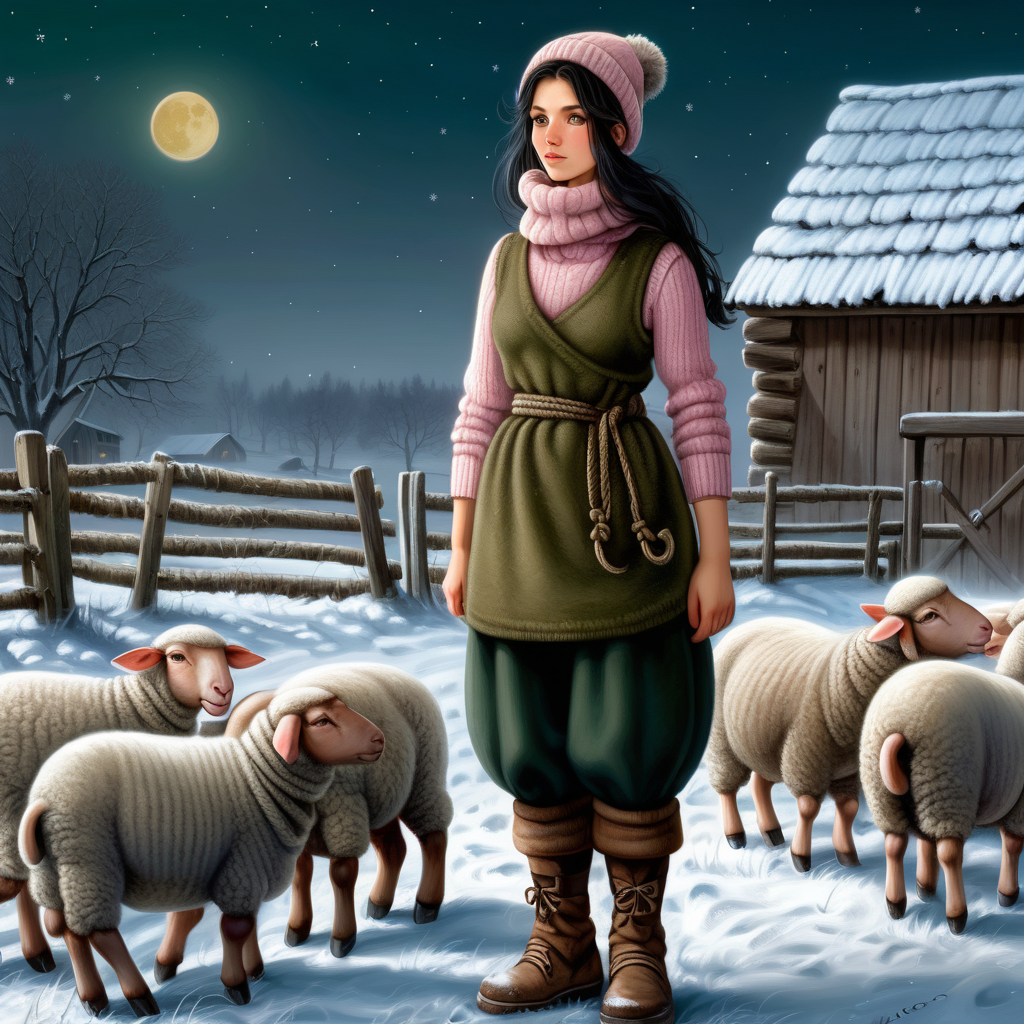 Cold winter night. Yellow moon in the sky, and a lot of stars. A beautiful peasant woman with long black hair and green eyes works in the pen in front of the barn. Around her are piglets - small and pink. Everything is in mud. The barn is surrounded by a fence of old wooden posts and wire mesh. It's winter, everything is covered with a thick layer of snow. Mud and snow mix. The peasant woman has put her feet low furry sheep skin shoes. Brown coarsely knitted woolen socks stick out from them - up to the middle of the leg and. On top of them, to keep her warm, she has put on green - brown, very wrinkled and crumpled woolen knitted gaiters. It is worn with thick elastic leggings, over it there is a shotr knitted skirt in black and brown. A chunky brown-gray wool sweater with a chin-high collar is snug around her. over it she wore an off-white furry sleeveless sweater with a triangle neckline. Above all this is a short  quilted bodice  in gray which is unbuttoned. On his head he wears a thick knitted woolen gray hat - an ushanka. He also has a thick scarf sloppily draped around his neck. He also wears gray knitted woolen gloves. across the waist, a thin hemp rope is wrapped 2-3 times. 