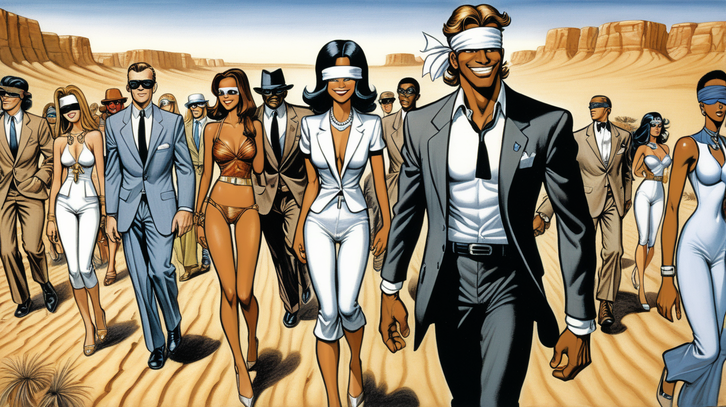 a blindfolded  man with a smile leading a group of gorgeous and ethereal white and black mixed men & women with earthy skin, walking in a desert with his colleagues, in full American suit, followed by a group of people in the art style of Bruce Timm comic book drawing, illustration, rule of thirds