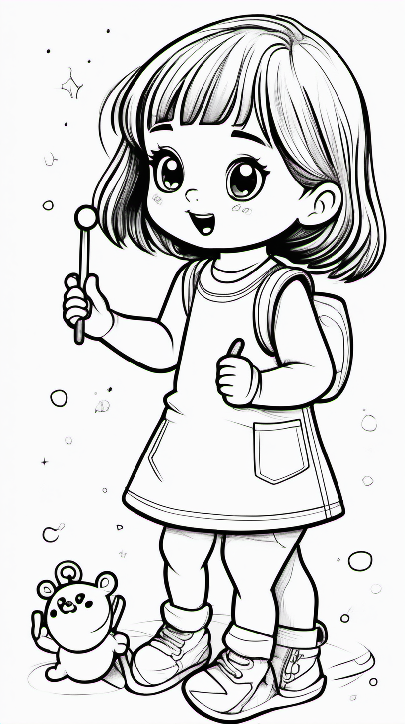 little girl playing with a toy very happy .coloring page for toddlers ,basic ,kawaii style cartoon ,black and white ,ink outlines ,smooth, anime style, minimalist, cute eyes, full body, white  shose  ,sketchbook, reallistic sketch ,free lines ,on paper,character , clean line art high detailed