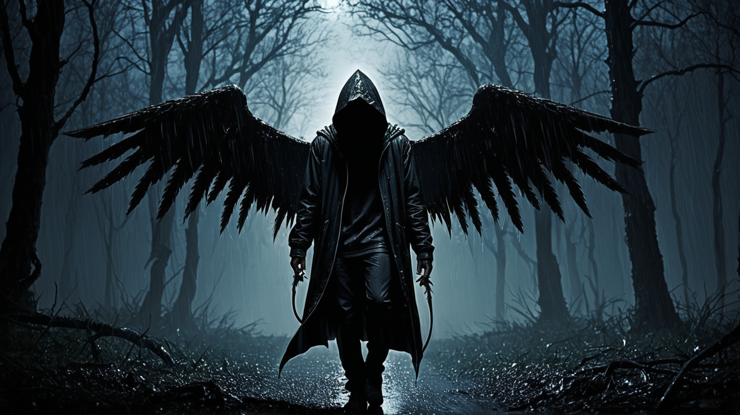 wings, sickle, dark looking character,  hooded, night, rain, woods, trees,