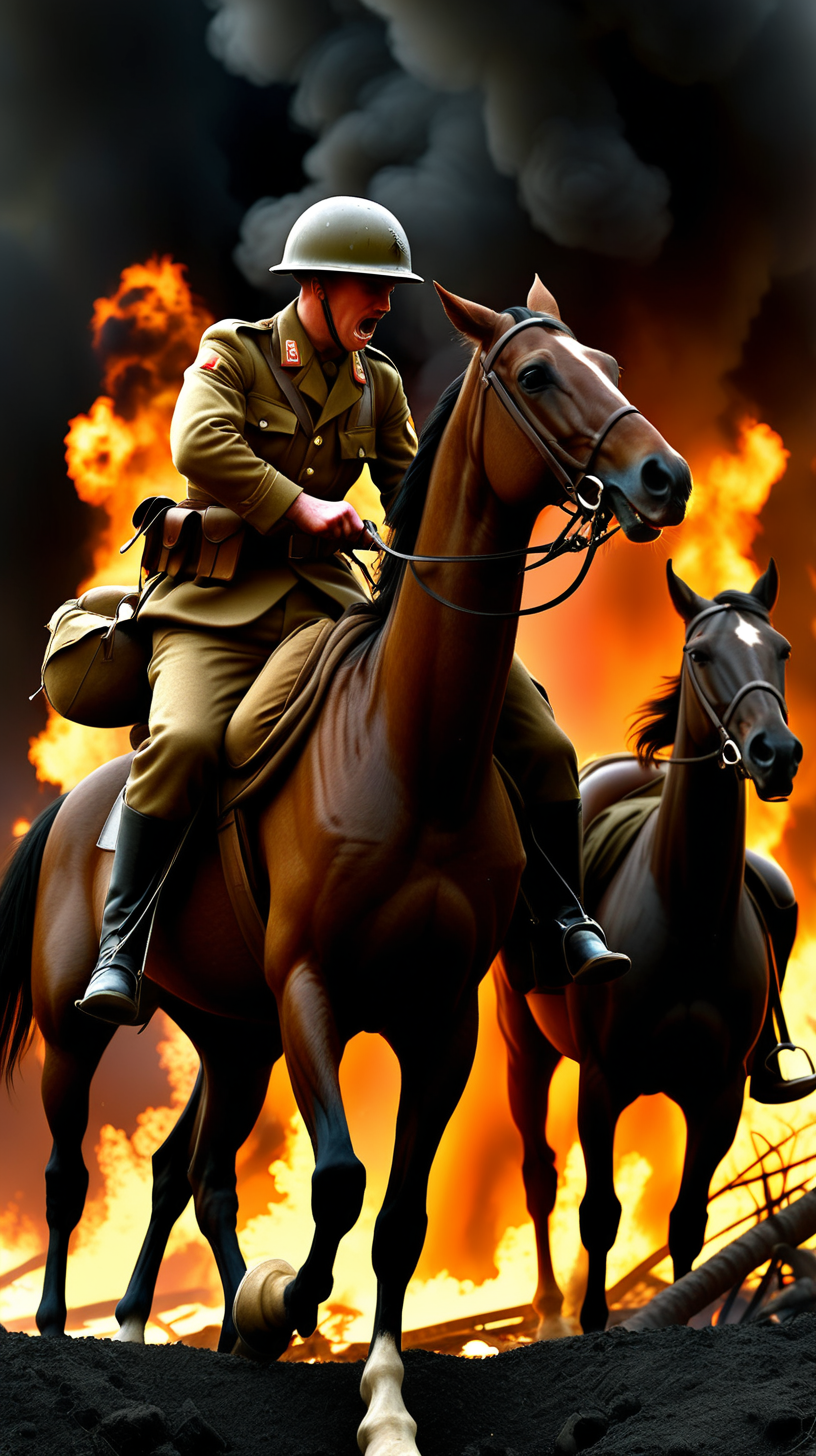 World War 2 soldiers fight on horseback in a dark place surrounded by fire