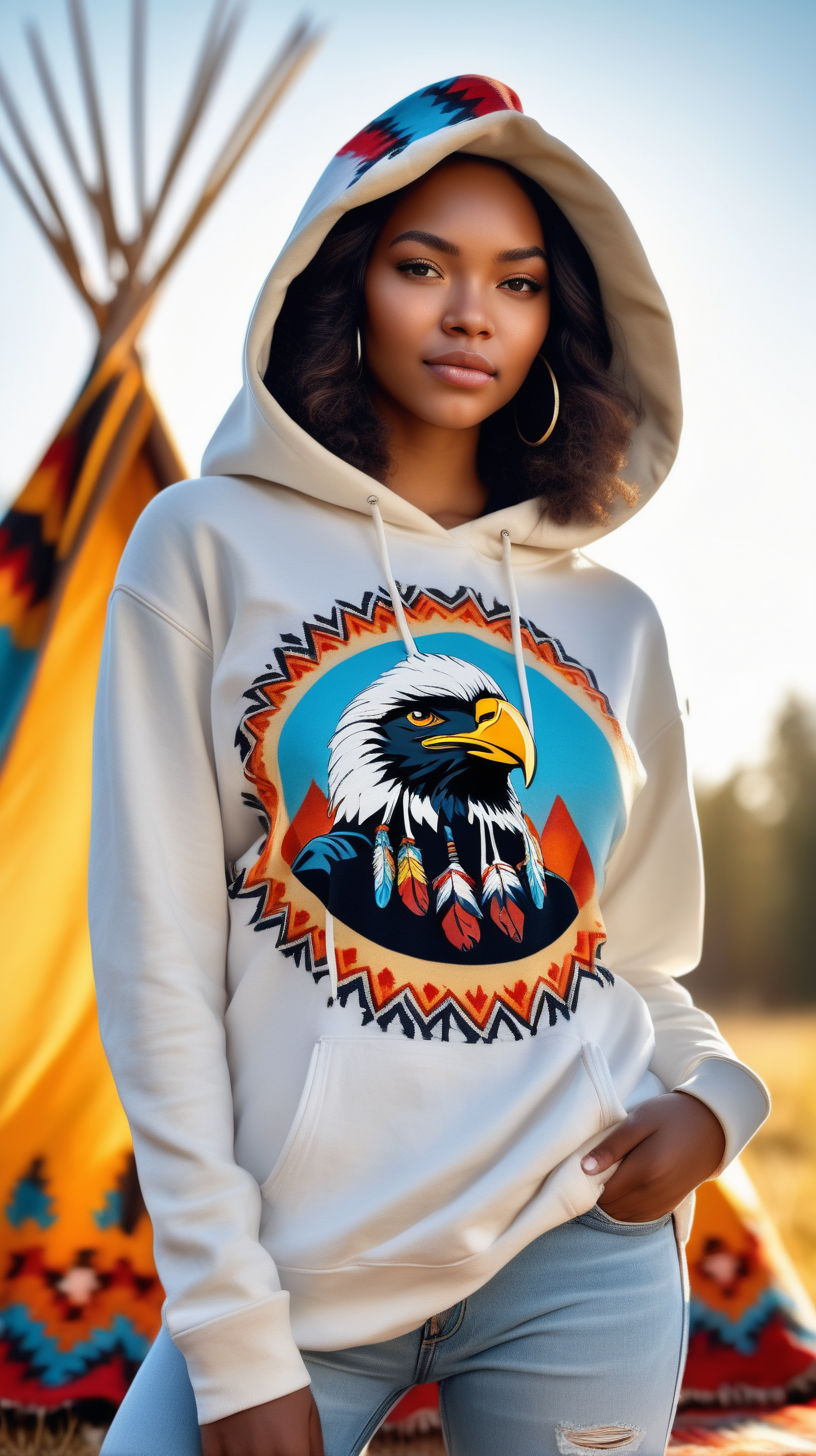 Beautiful young black woman, wearing a wide brim buffalo hat, wearing a white hoody, with an Indian Eagle printed on the front, wearing light blue denim jeans, with a colorful navaho print blanket, across her shoulders, in bright sunshine,  with tee pees in the back ground, in ultra 4k, high definition, full resolution