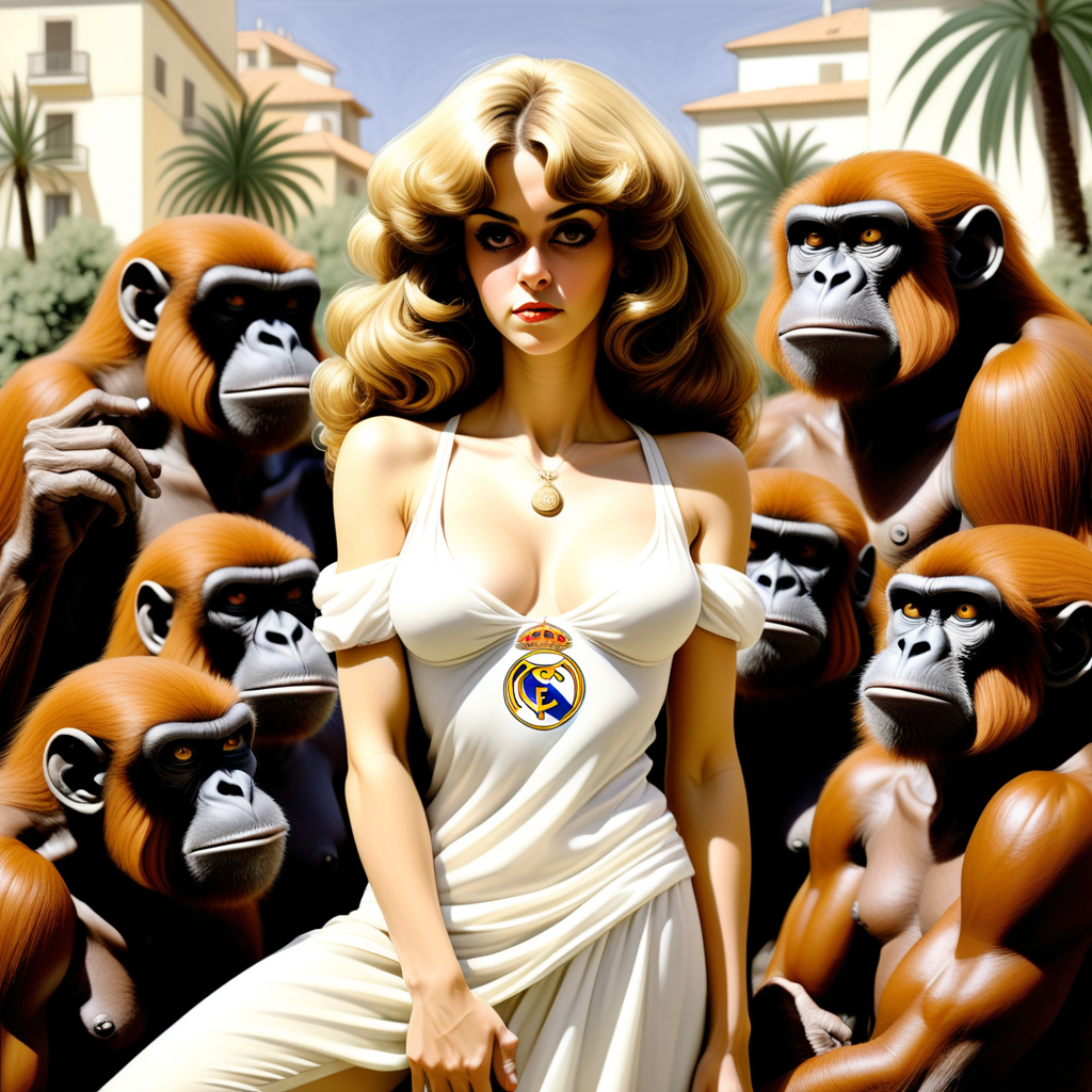 Mujer estilo milo manara vestida del real madrid rodeada de simios