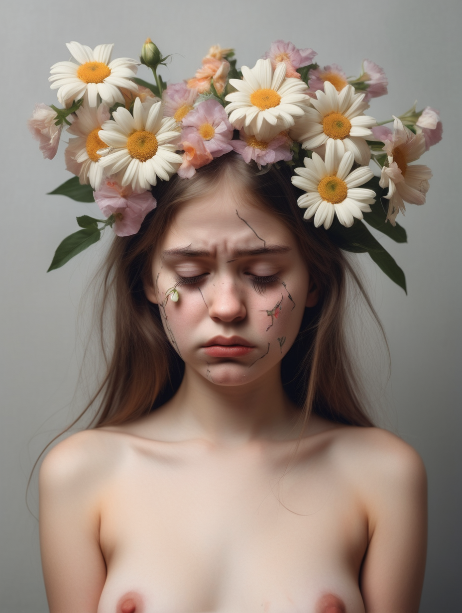 Naked girl with flowers and sad face