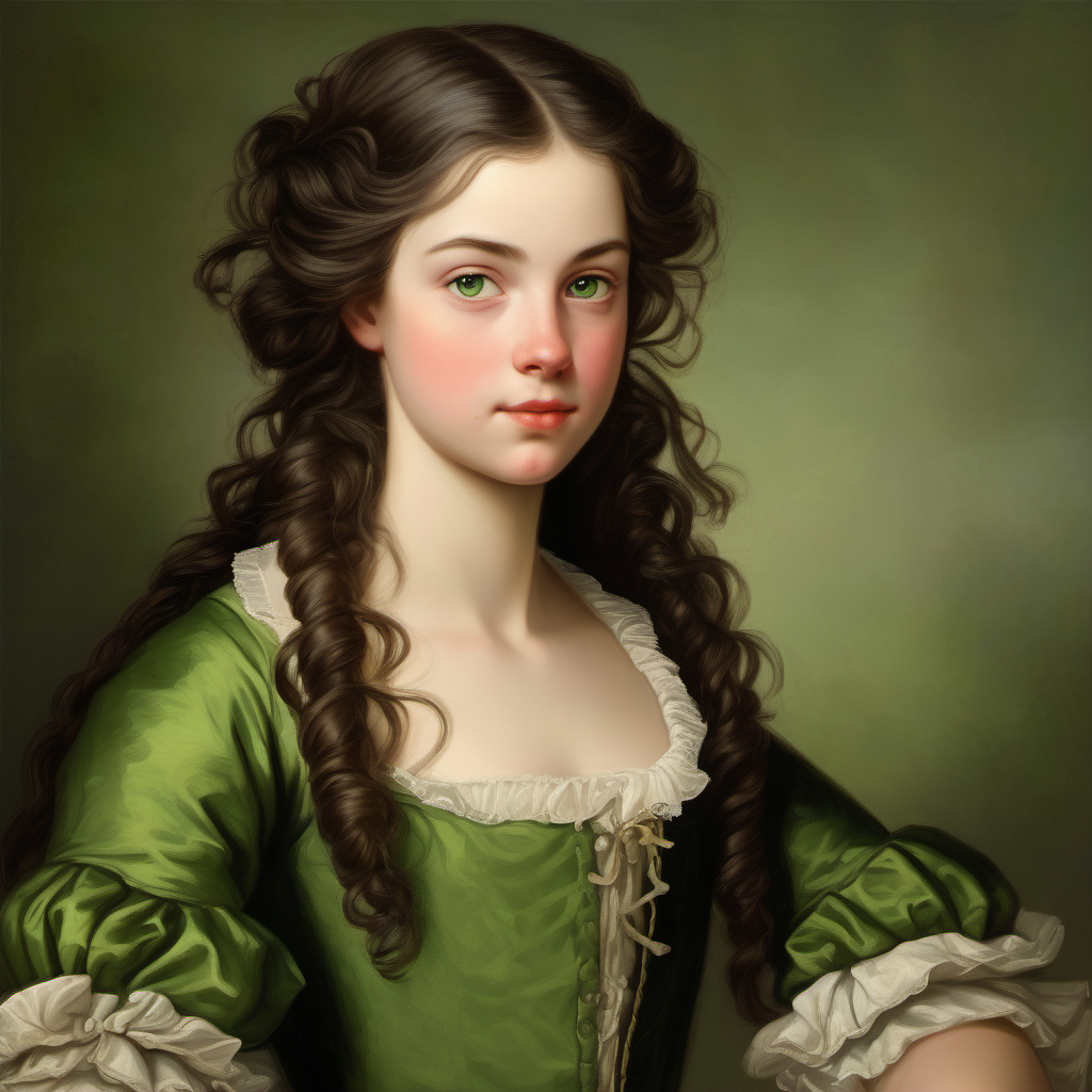 18th century gorgeous female teenager straight dark brown hair green eyes