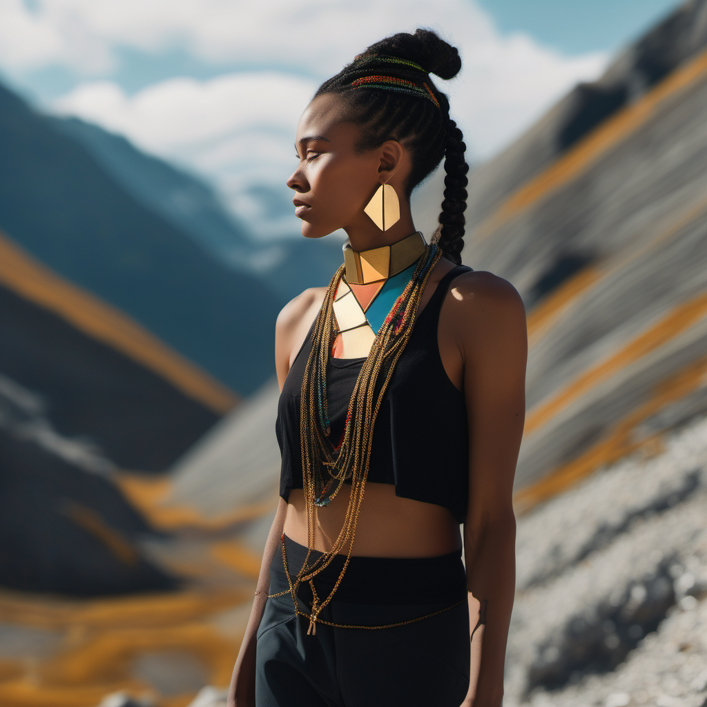 a woman is hiking in a dramatic mountain range. she is wearing minimalist gold, geometric, tribal face paint modeling a necklace made of large, faceted, muliti color semi-precious gemstones and gold necklace. she is visible from head to toe. Her clothes are minimal on top. she has multiple braids in her hair.