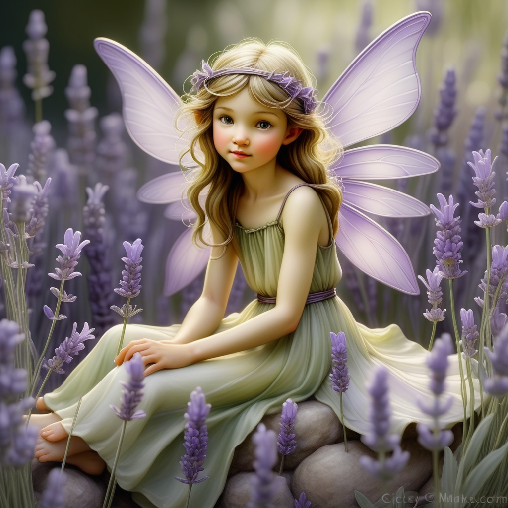 Create a fairy surrounded by lavender blooms, capturing the soothing and calming aura that Cicely Mary Barker often conveyed in her illustrations.