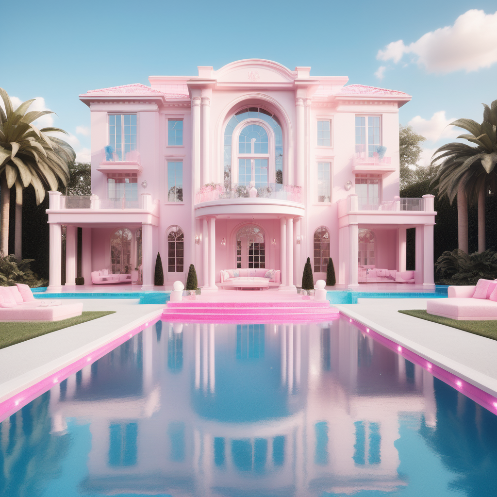 hyperrealistic image of a modern Barbie inspired mansion; soft pink, ivory; sparkling blue pool
