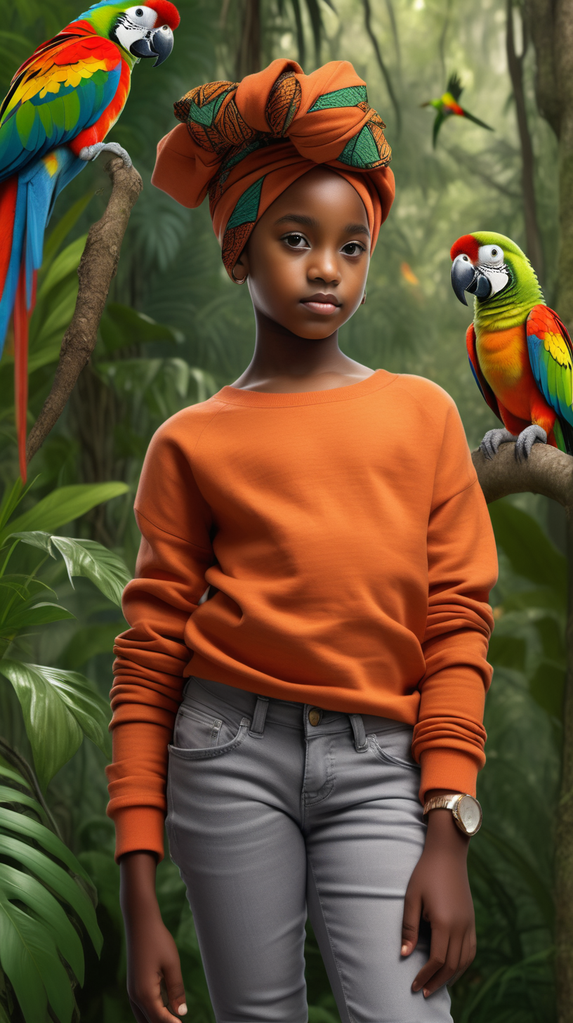 A pretty, young little black girl wearing an African print head wrap, wearing a Burnt orange sweater, wearing heather grey denim jeans, standing in a lush jungle, with a colorful, Parrot perched on her arm, 4k, realism, high definition clarity, brilliance