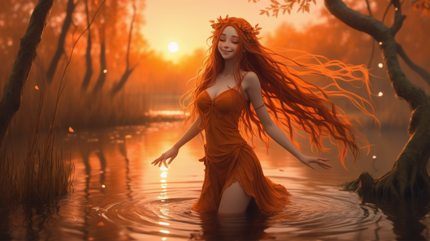 Orange sunset themed beautiful cute comforting shy dryad waifu in an autumn swamp smiling freckles amber eyes majestic long hair  full body dancing on water in love