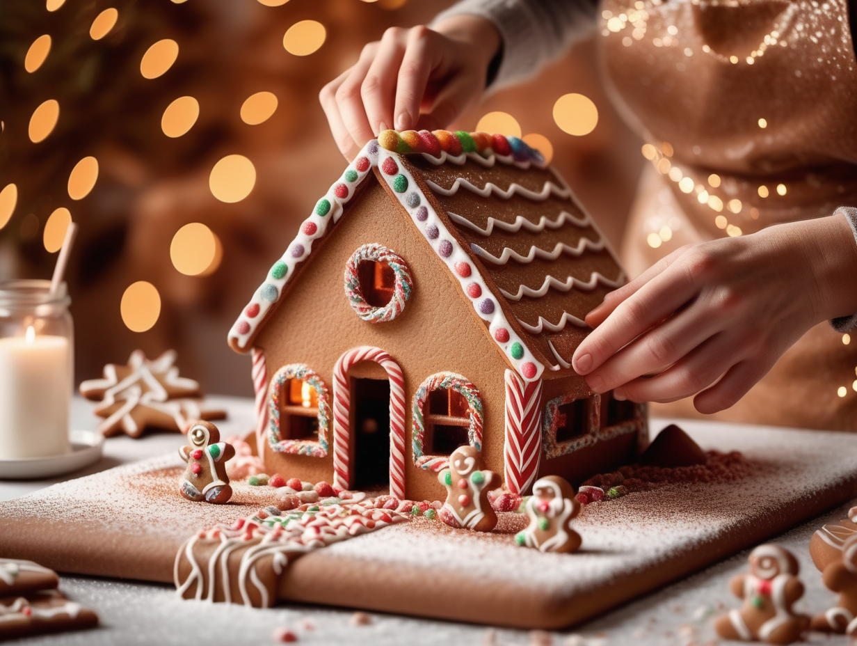 Realistic image of hands building a gingerbread house with glitter, neutral colours, ambient lighting, pretty bokeh background, high resolution 