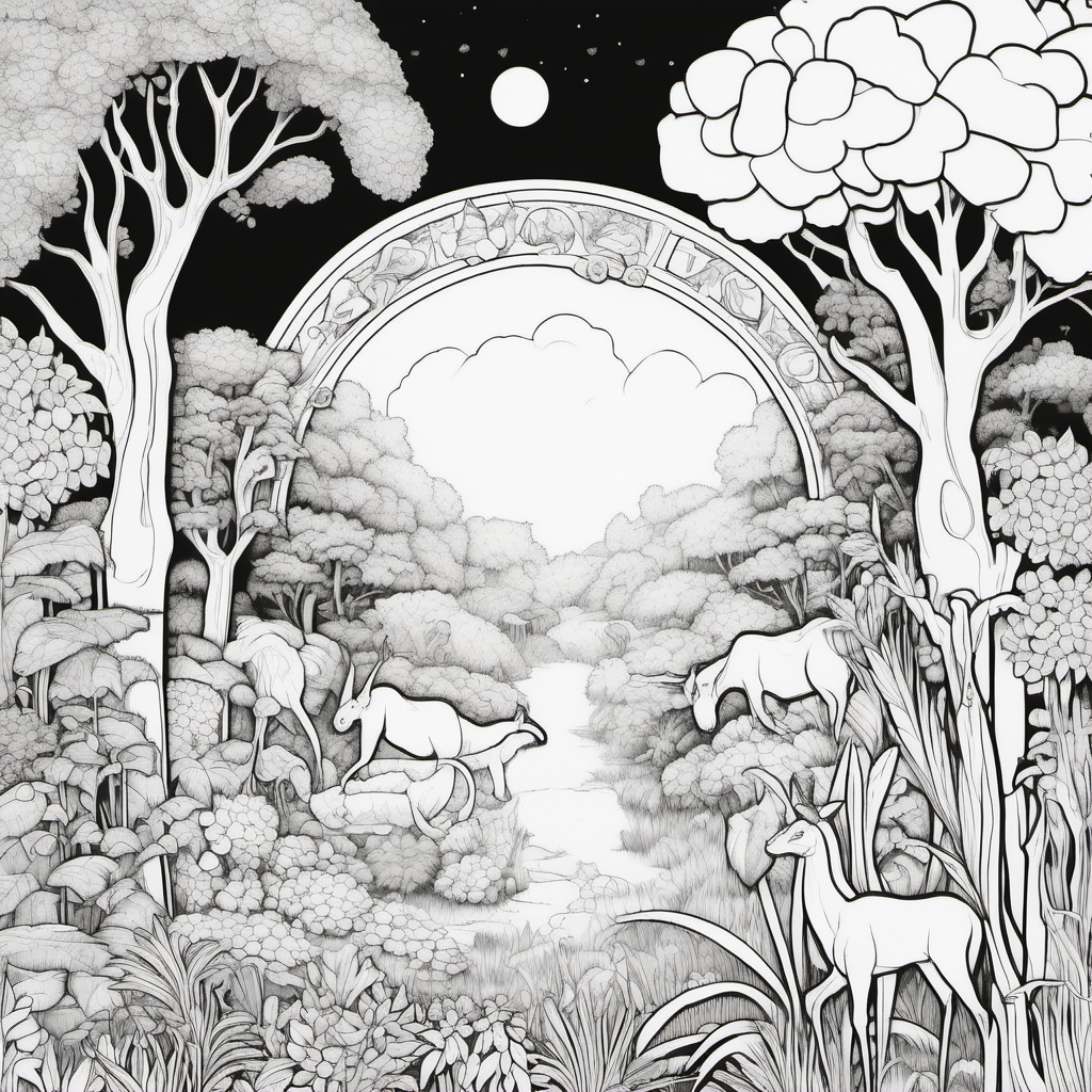 black and white, no fills, no dither, coloring page, the garden of eden
