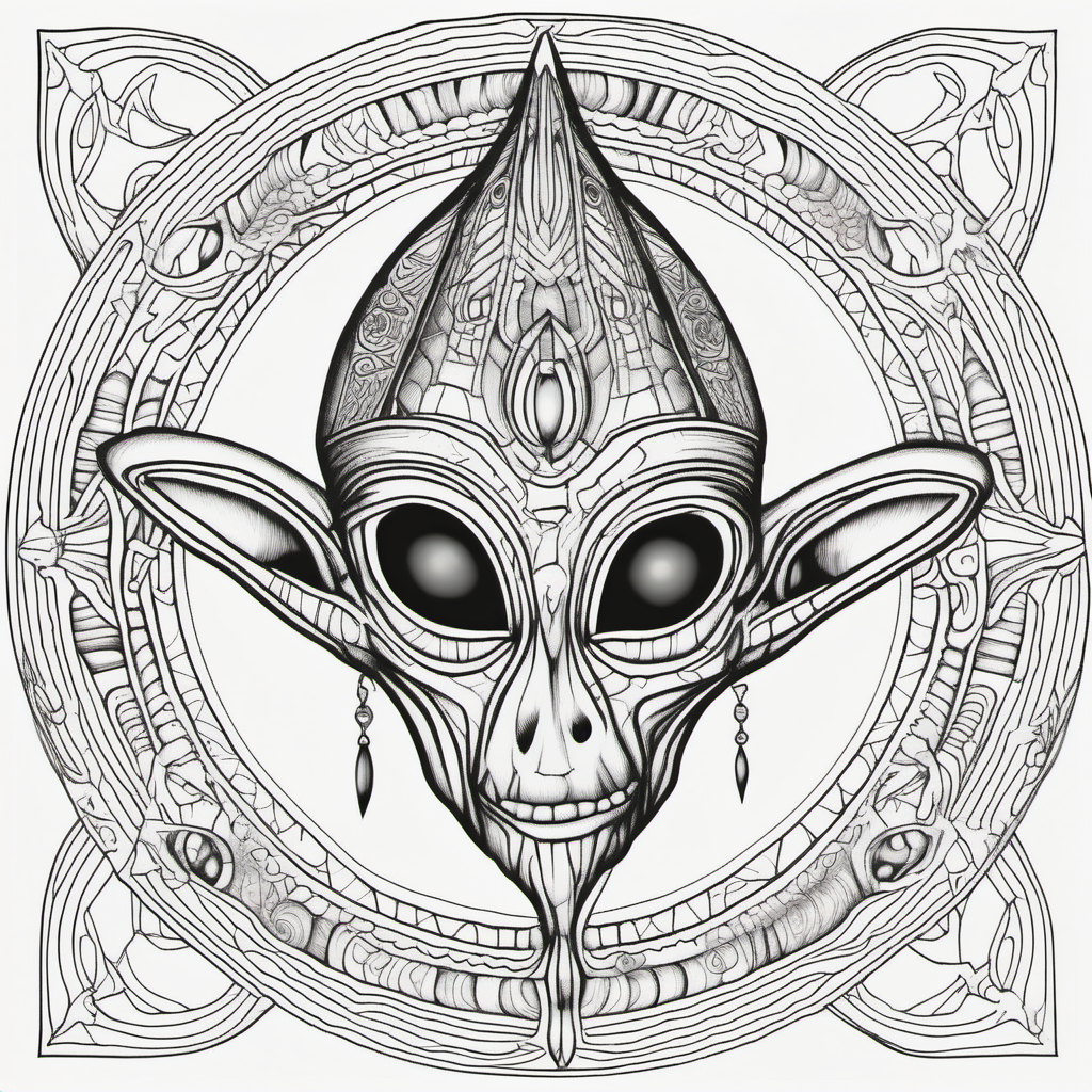 adult coloring book, black & white, clear lines, detailed, symmetrical mandala crystal alien entity