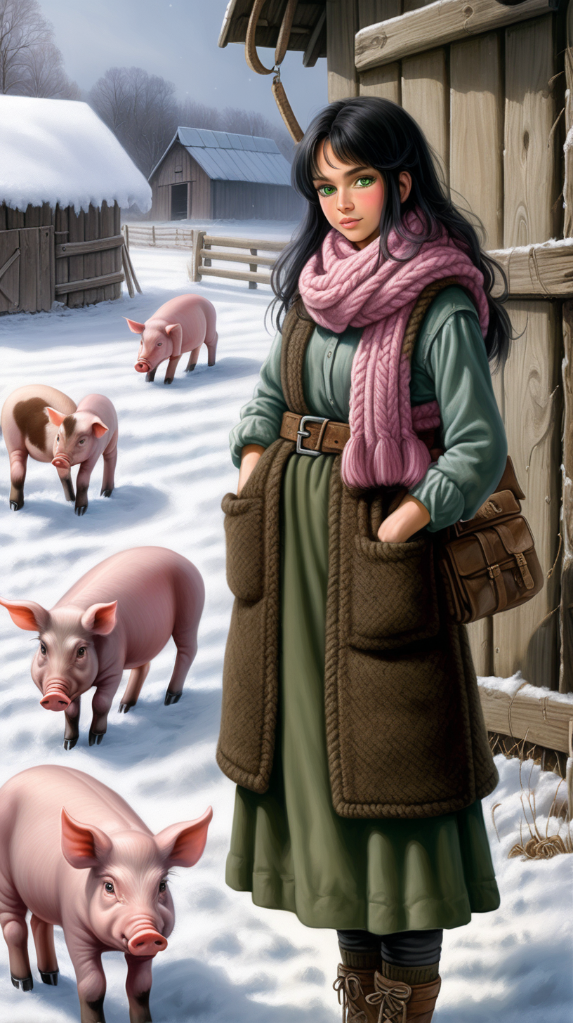 A beautiful peasant woman with long black hair and green eyes works in the pen in front of the barn. Around her are piglets - small and pink. Everything is in mud. The barn is surrounded by a fence of old wooden posts and wire mesh. It's winter, everything is covered with a thick layer of snow. Mud and snow mix. The peasant woman has put on low to the ankle rubber boots on her feet. Brown coarsely knitted woolen socks stick out from them - up to the middle of the leg and. On top of them, to keep her warm, she has put on green - brown, very wrinkled and crumpled woolen knitted gaiters. It is worn with thick elastic leggings, over it there is a shotr knitted skirt in black and brown. A chunky brown-gray wool sweater with a chin-high collar is snug around her. over it she wore an off-white furry sleeveless sweater with a triangle neckline. Above all this is a short  quilted waistcoat in green which is unbuttoned. On his head he wears a thick knitted woolen gray hat - an ushanka. He also has a thick scarf sloppily draped around his neck. He also wears gray knitted woolen fingerless gloves. across the waist, a thin hemp rope is wrapped 2-3 times.