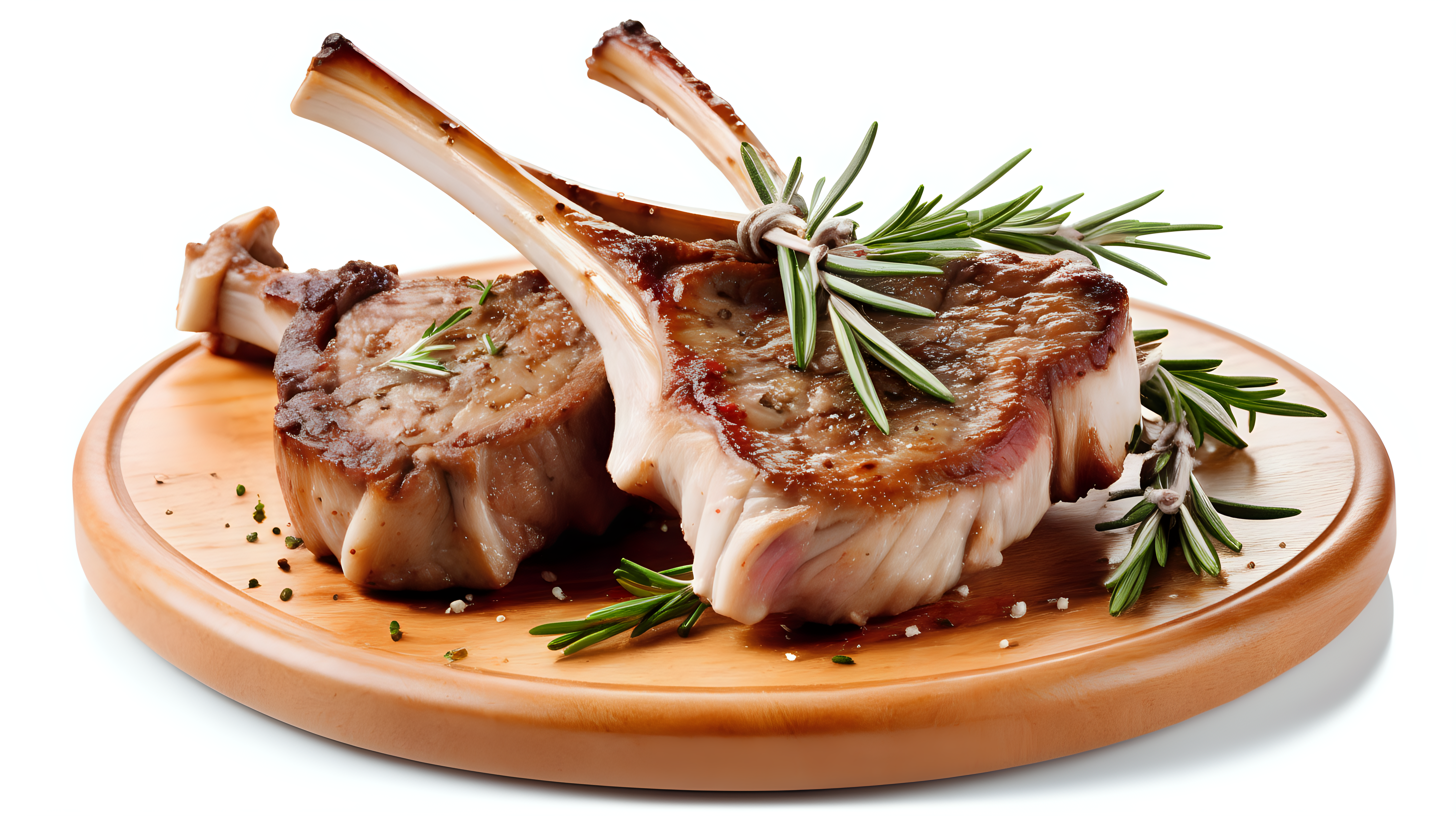lamb chop with rosemary on wooden plate isolated