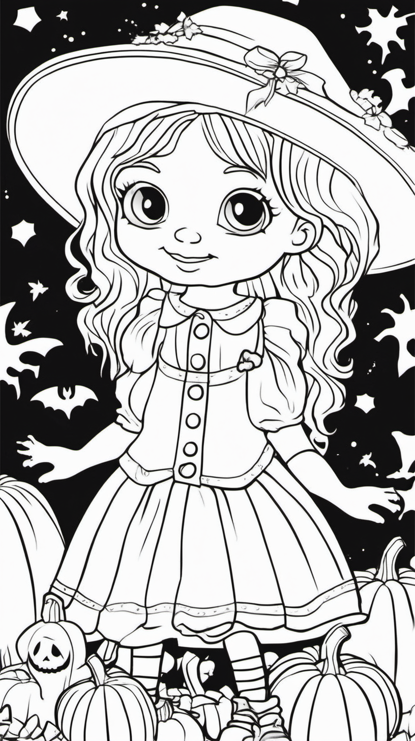 Cover A children's coloring book about a white girl holding a doll and a girl celebrating Halloween happily. 80 pages. The background is in white color and without shadow and the black drawing is a fine line.