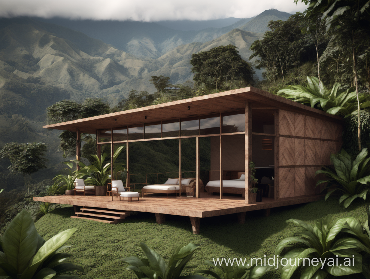 create a cabin for a boutique hotel that sits in the Colombian Andes in the coffee region. (cabin is also surrounded by coffee plants) Combine the traditional style of a house from the region with a modern japandi touch.
It's supposed to be a one bedroom cabin with a bathroom. flat roof, big windows, luxurious 
