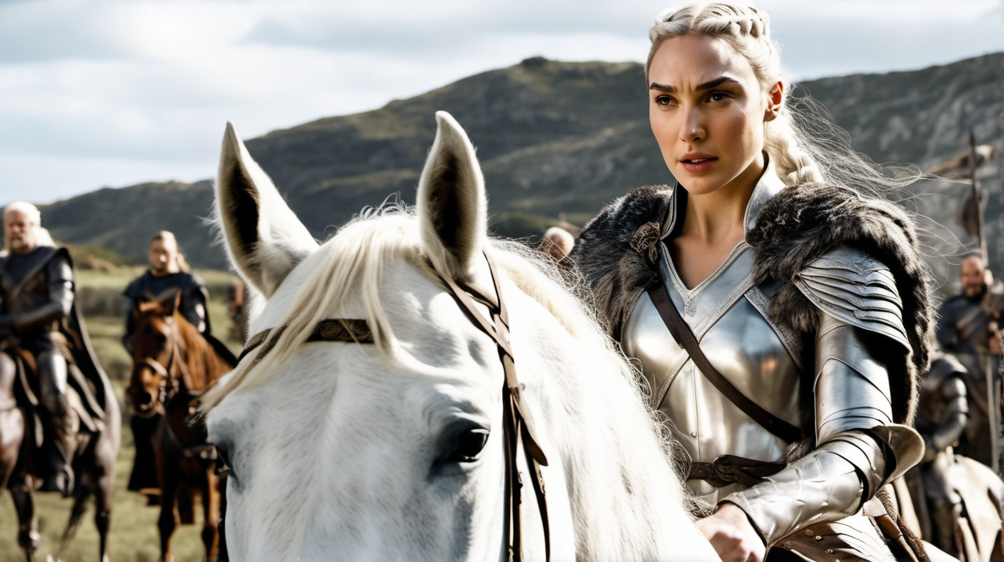 Gal Gadot, with platinum blonde hair in warrior braids, riding a white horse in Game of Thrones.