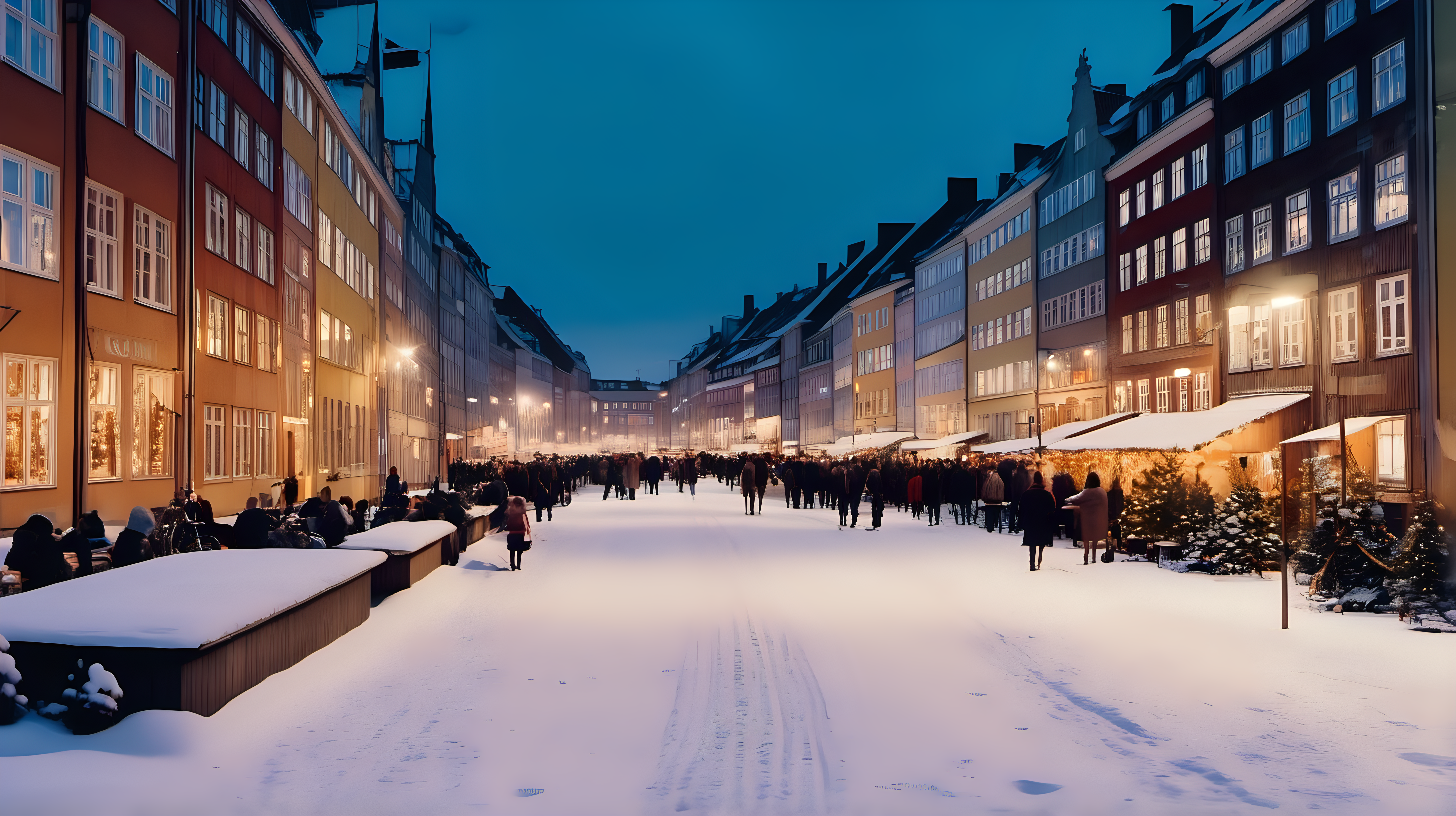 wide shot, cosy snowfilled Copenhagen at sundown in x-mas time