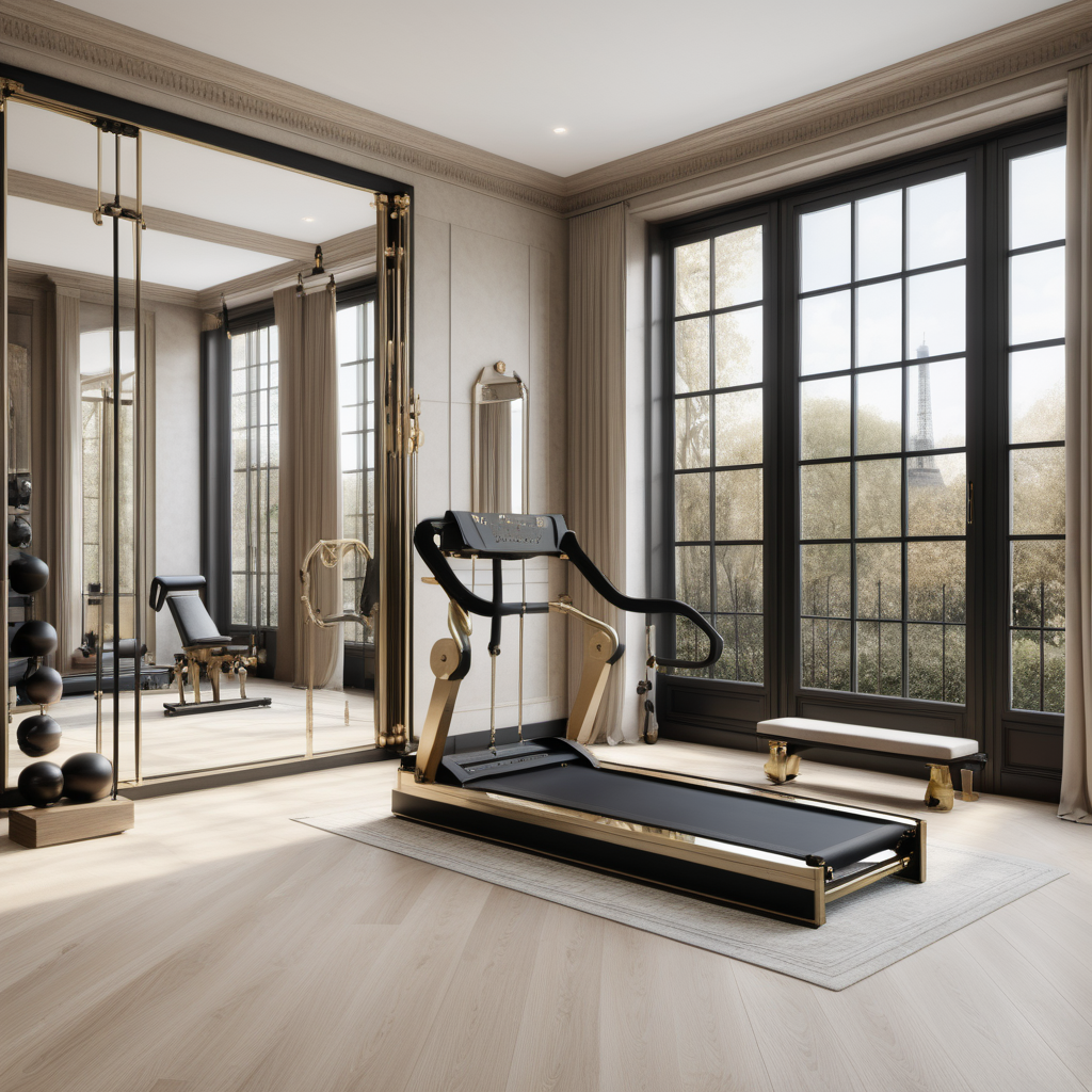 A hyperrealistic image of a modern Parisian estate home grand  home gym in a beige black oak and brass colour palette, with a pilates reformer and a set of PENT weights, with floor to ceiling windows and a large mirror


