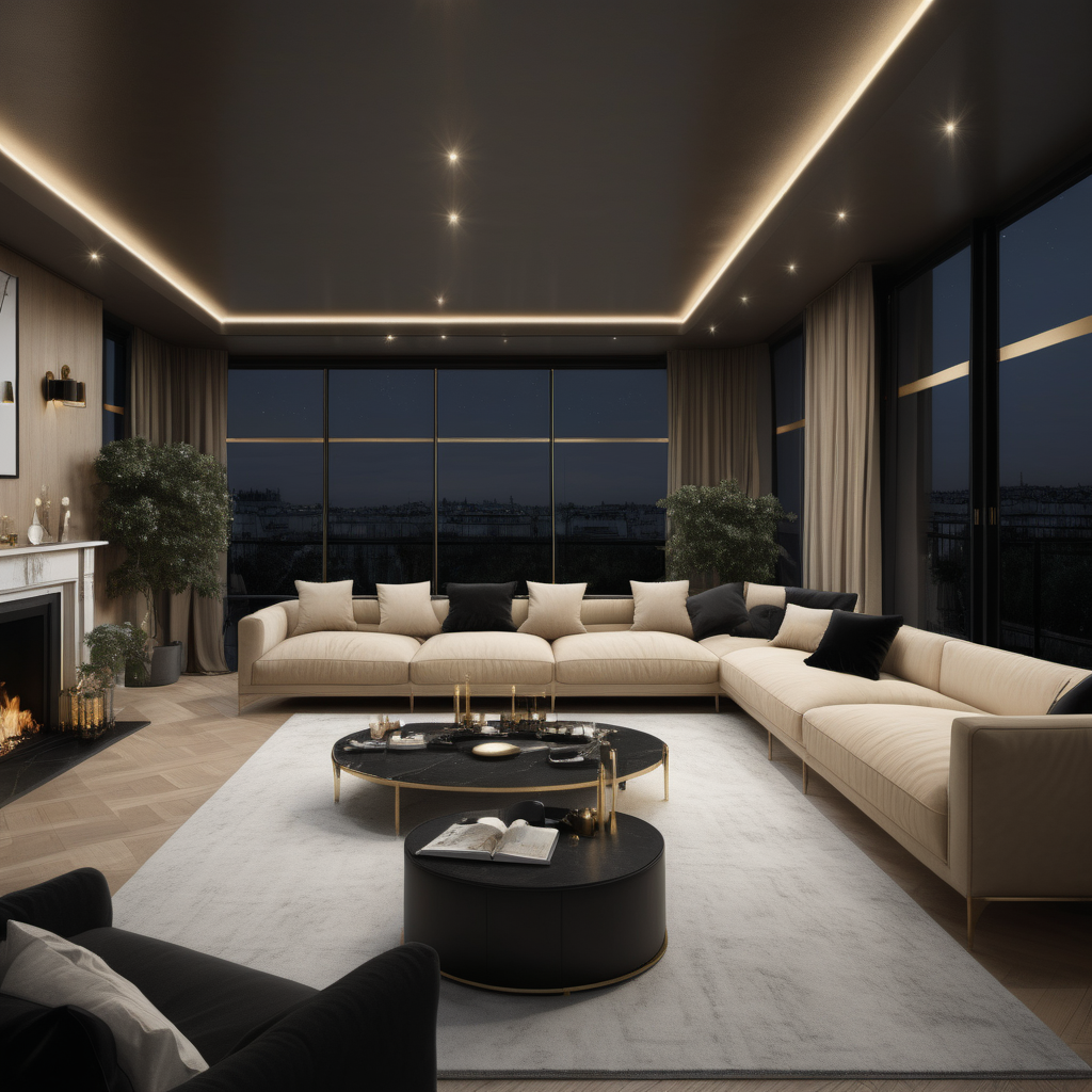 a hyperrealistic image of a grand modern Parisian 6.7x4.7 metre combined lounge room and dining room with windows along one long wall, at night with mood lighting  in beige, oak, brass and black
