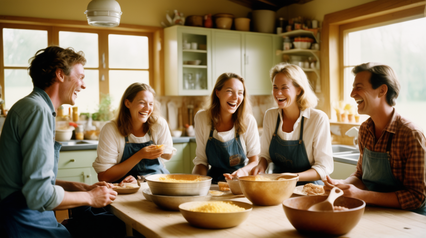 Create 5 modern authentic people in a country kitchen making food together, laughing, talking. Use kodak gold 400.