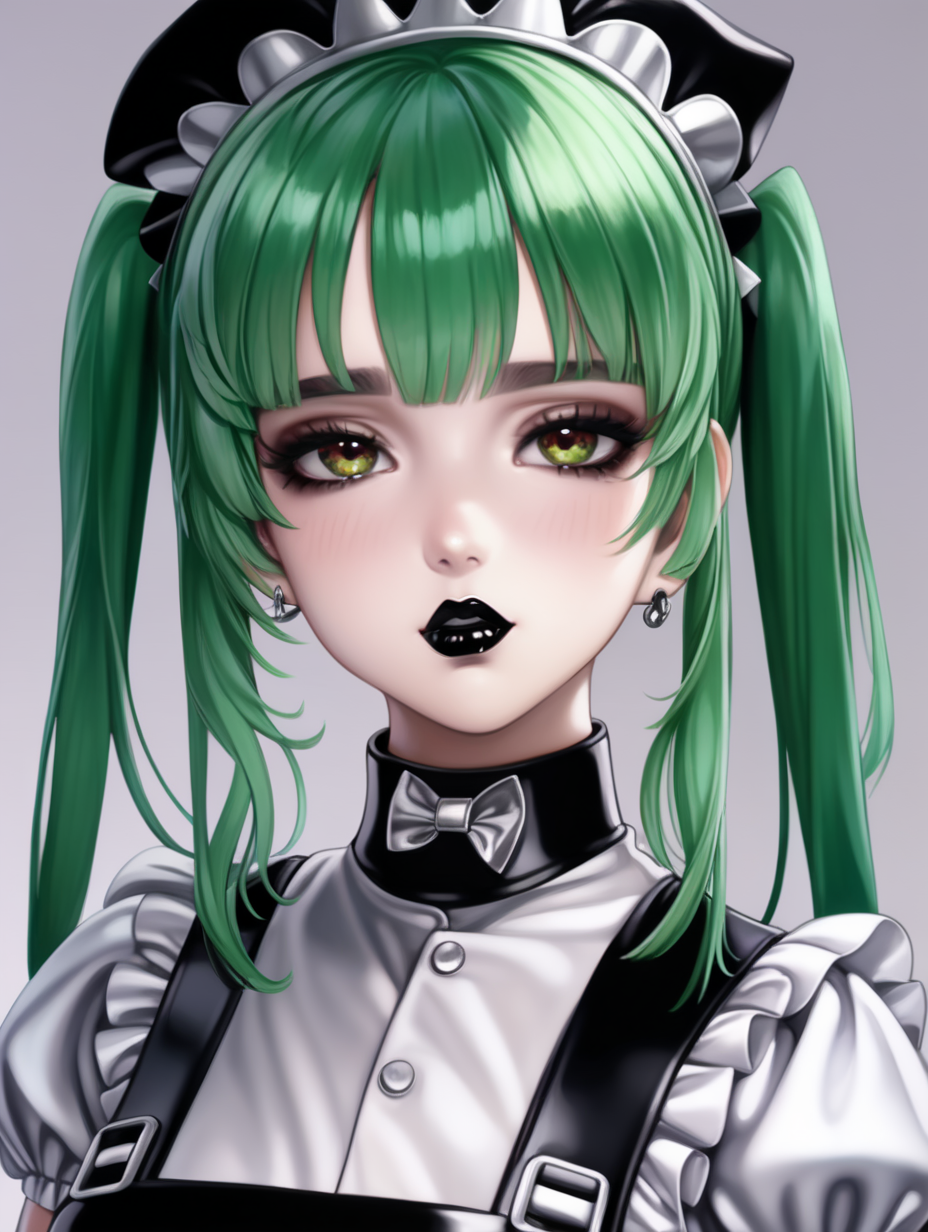 Anime Woman with green hair and brown eyes with large lips wearing dark lipstick and heavy makeup wearing a shiny black and silver latex maid uniform, vacant expression