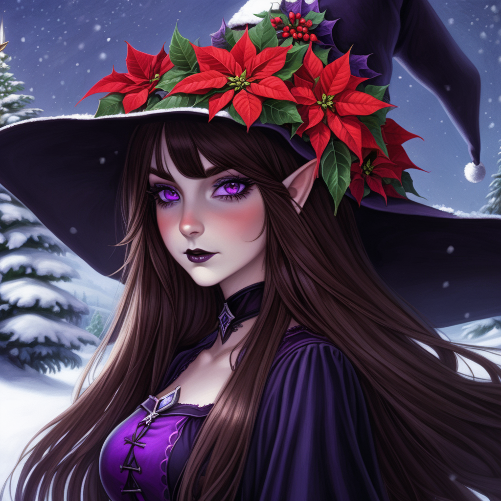 Long hair, brown hair, purple eyes, witch hat, poinsettias, Christmas, Yuletide, Yule, snow, dark, fantasy, goth