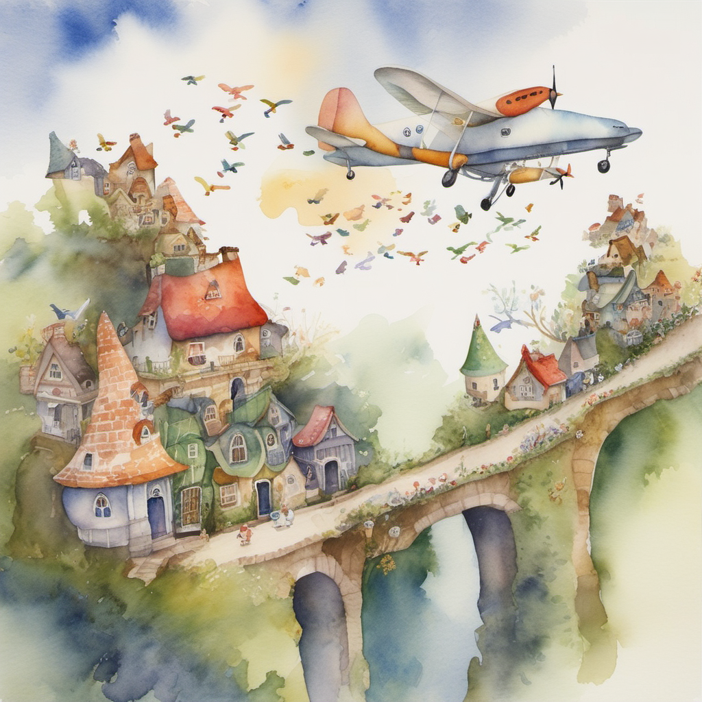 A watercolor painting of an aeroplane carried by