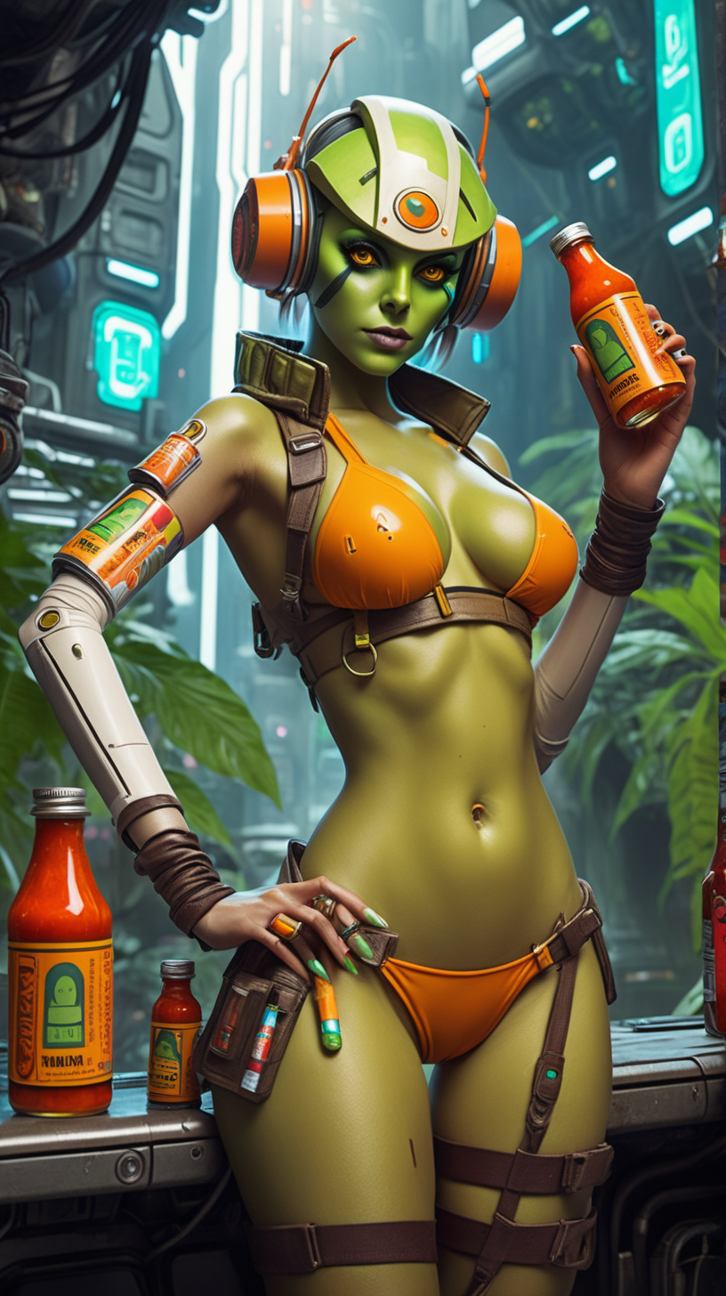 Hera Syndulla bikini holding hot sauce on cyberpunk jungle