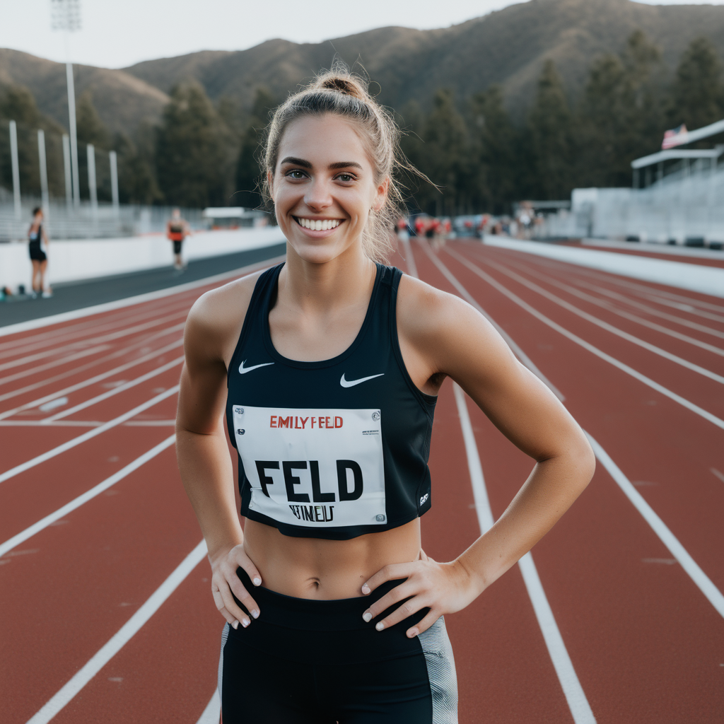 Using the same background in each frame, Emily Feld smiling in athletic gear at the track about 10 metres from the camera
